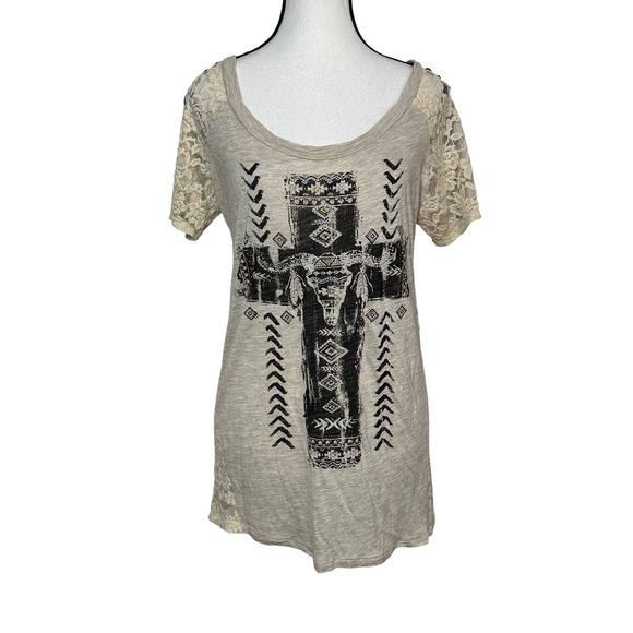 Daytrip Tops - VTG Y2K Daytrip Graphic Tee Lace Women L Western Steer Skull Rhinestone Festival